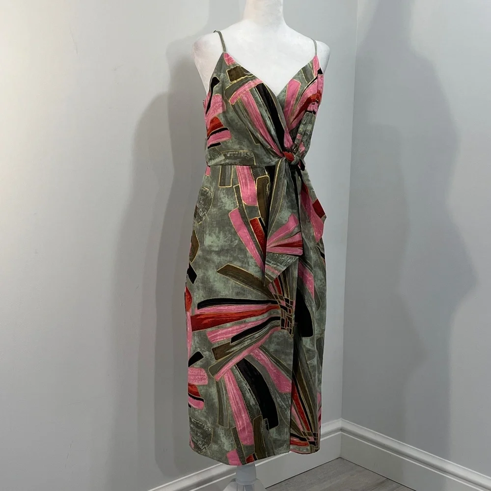 NWT Jason Wu Abstract Print Linen Blend Faux Wrap Midi Green & Pink Dress Size 4 - Picture 1 of 15